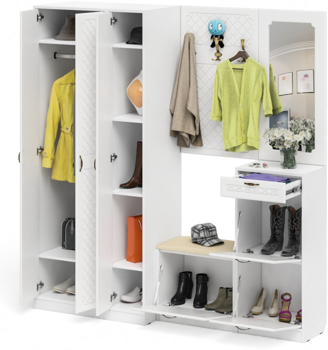 Прихожая П-6 Компоновка № 51, цвет белая шагрень/фасады МДФ белое дерево фрезеровка ромб, ШхГхВ 200х50х210 см., универсальная сборка