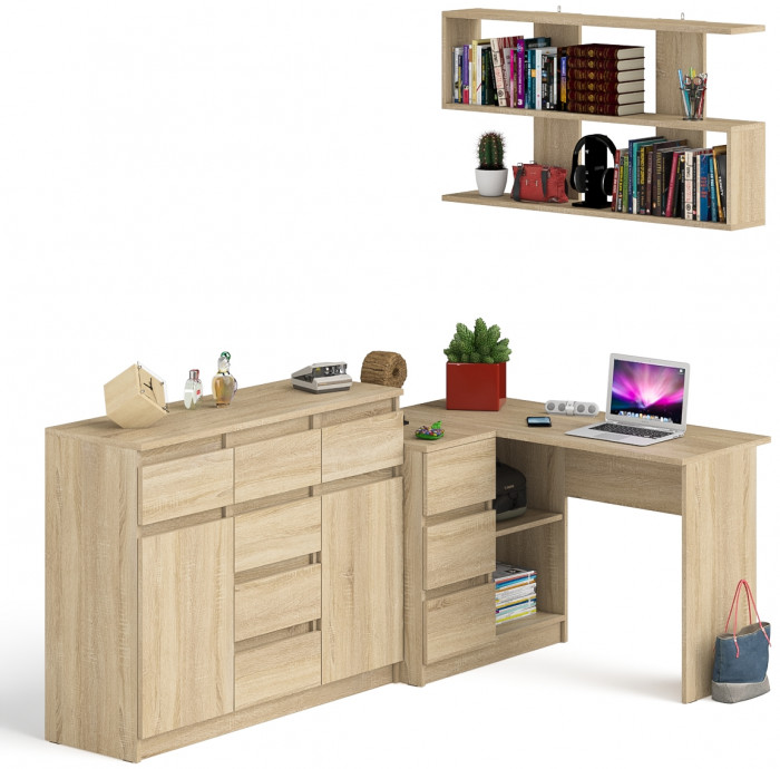 Мори компьютерный стол МС-16 левый + Комод МК1200.4 + Полка 1200, дуб сонома
