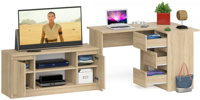 Мори компьютерный стол МС-16 правый + Тумба МТВ1200.1, дуб сонома