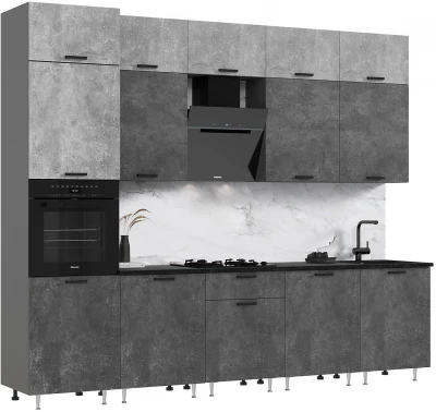 Кухня Рио NEW ЛДСП 3,0м/1080м (490) Компановка №3/1, Бетон светлый/Бетон темный/Белый глянец, Графит