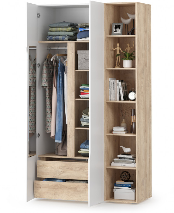 Муссон 13.198 Шкаф двухстворчатый + 13.349 Стеллаж, цвет белый/дуб эндгрейн элегантный, ШхГхВ 127,6х52,3х229,8 см., НЕ универсальная сборка