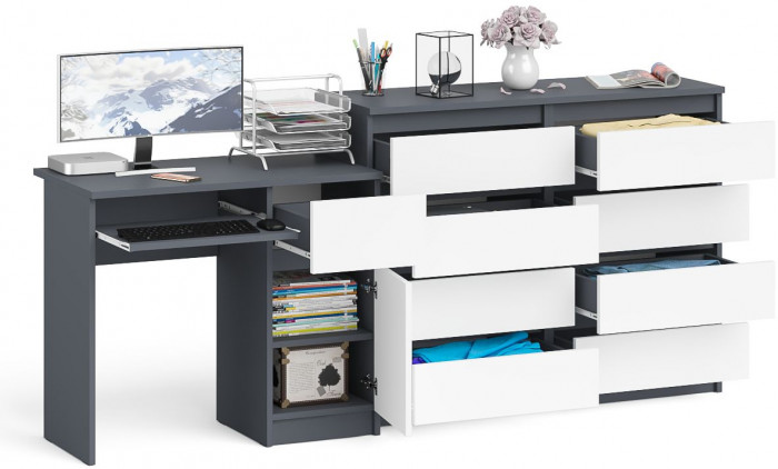 Мори компьютерный стол МС-1 правый + Комод МК1200.8, графит/белый