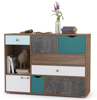 Вайс Комод 10.104, цвет морское дерево винтаж/камень тёмный/бензин/мята/белый премиум, ШхГхВ 121,2х39,9х88,8 см., НЕ универсальная сборка