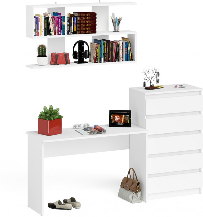 Мори Стол письменный МСП1200.1 + Комод МК700.5 + Полка 1200, цвет белый, ШхГхВ 190,8х50х209,6 см., универсальная сборка