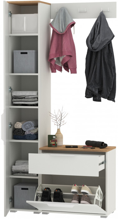 Октава Прихожая 15, цвет белый шагрень/дуб крафт золотой/фасады МДФ белый шагрень, ШхГхВ 97,1х35,4х197,6 см., универсальная сборка