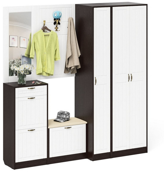 Прихожая П-6 Компоновка № 51, цвет венге/фасады МДФ белое дерево фрезеровка прованс, ШхГхВ 200х50х210 см., универсальная сборка