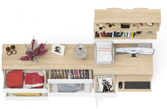 Мори компьютерный стол МС-1 левый + Комод МК1380.6 + Полка 900, дуб сонома/белый