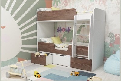 Кровать двухъярусная Малыш Двойняшка (Ясень Анкор темный/Белое дерево)