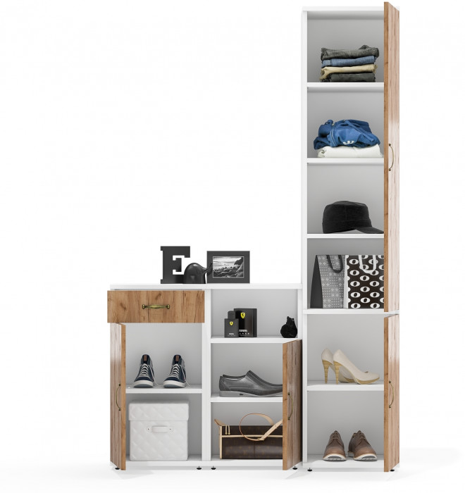 Лидер-8 Пенал МД 22Б + Тумба МД 3.15 + Тумба МД 3.19, цвет белый шагрень/крафт золото, ШхГхВ 120х37,5х190 см., универсальная сборка