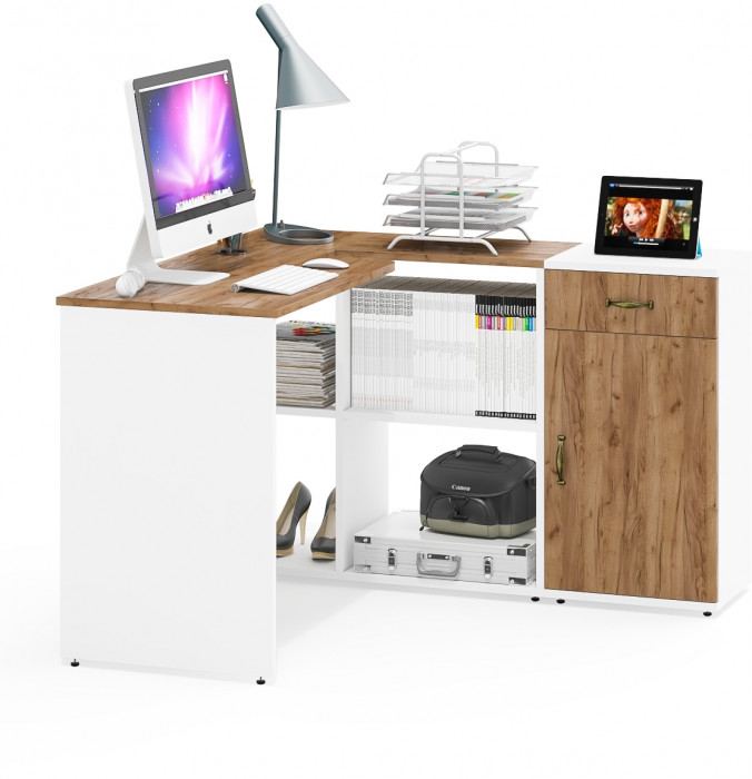 Лидер-8 Стол + Тумба МД 3.15, цвет белый шагрень/крафт золото, ШхГхВ 205х50/30х75 см. или 115х50/120х75 см., НЕ универсальная сборка