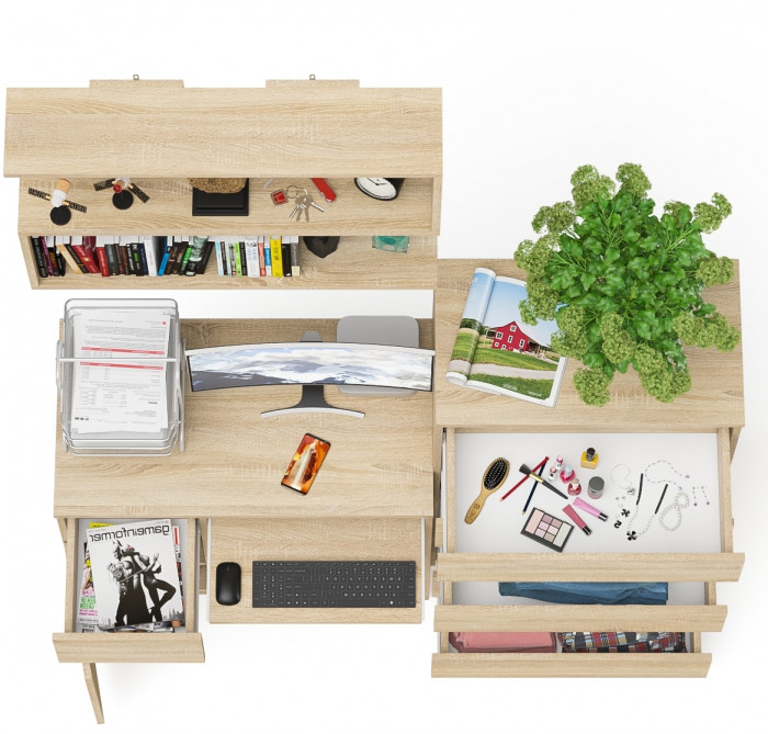 Мори Стол компьютерный МС-1 левый + Комод МК700.5 + Полка 900, цвет дуб сонома, ШхГхВ 160,4х50х209,6 см., НЕ универсальная сборка