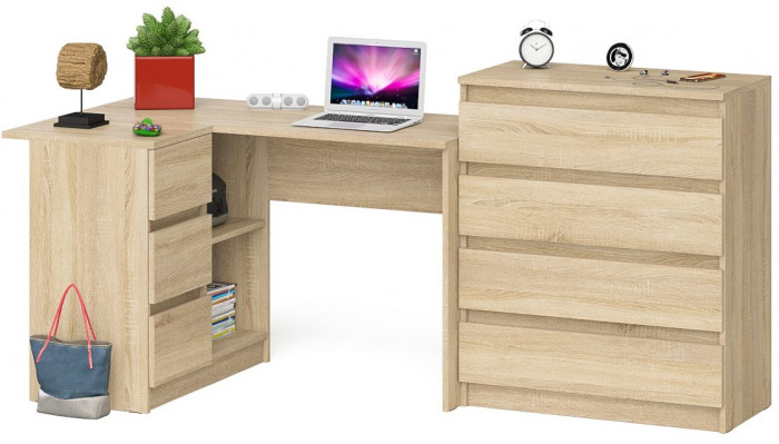 Мори Стол компьютерный МС-16 левый + Комод МК800.4, цвет дуб сонома, ШхГхВ 204,8х84,9х94 см., выдвижные ящики слева, НЕ универсальная сборка