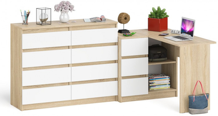 Мори компьютерный стол МС-16 левый + Комод МК1200.8, дуб сонома/белый