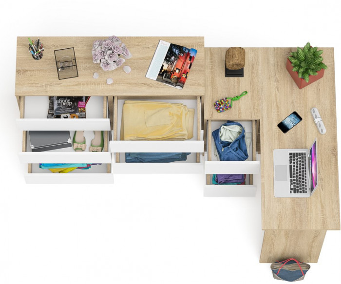 Мори компьютерный стол МС-16 левый + Комод МК1200.8, дуб сонома/белый