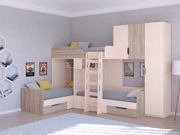 Трехместная кровать ТРИО/2 Дуб молочный/Сонома