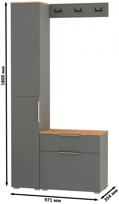 Октава Прихожая 15, цвет серый графит/дуб крафт золотой/фасады МДФ серый графит, ШхГхВ 97,1х35,4х197,6 см., универсальная сборка