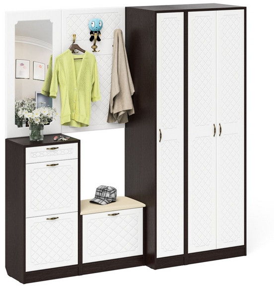 Прихожая П-6 Компоновка № 51, цвет венге/фасады МДФ белое дерево фрезеровка ромб, ШхГхВ 200х50х210 см., универсальная сборка