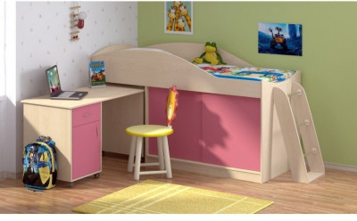Детская кровать-чердак Дюймовочка-3 без лестницы, Дуб молочный / Розовый
