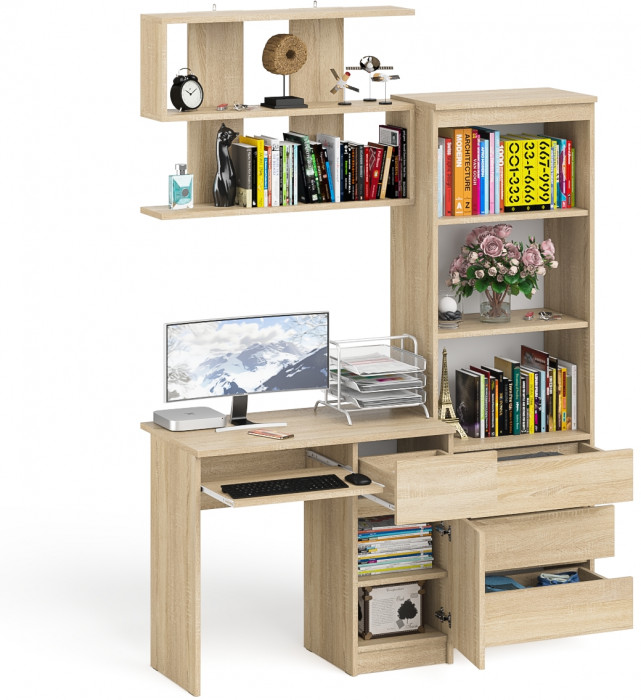 Мори Стол компьютерный МС-1 правый + Стеллаж МСТ600.3 + Полка 900, цвет дуб сонома, ШхГхВ 150,4х50х209,6 см., НЕ универсальная сборка