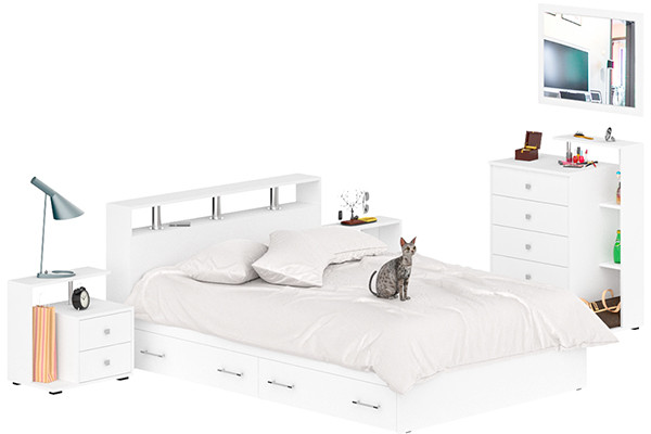 Камелия спальня № 12 Кровать с ящиками 1400 + Две тумбы + Комод + Зеркало, цвет белый, сп.м. 1400х2000 мм., б/м, основание есть