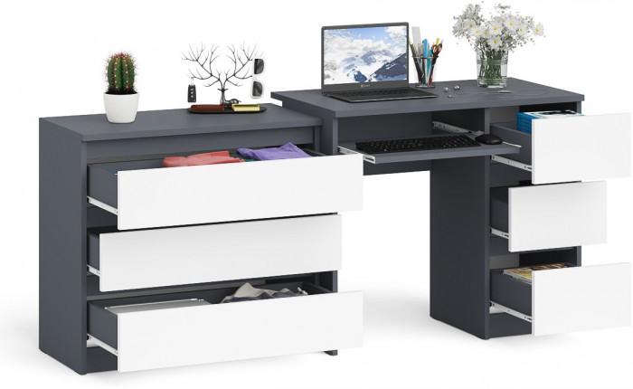 Мори компьютерный стол МС-6 правый + Комод МК800.1, графит/белый