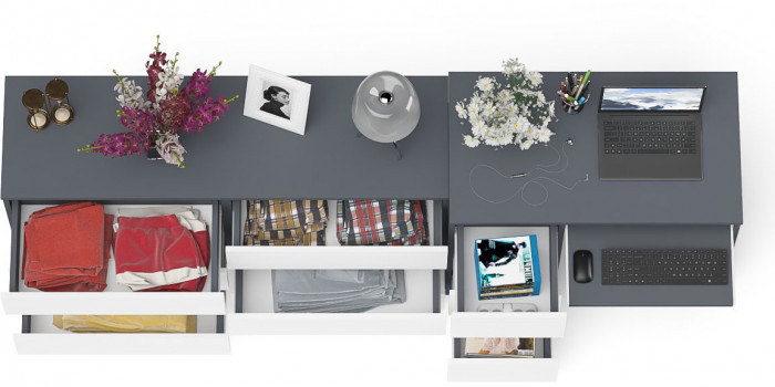 Мори Стол компьютерный МС-6 левый + Комод МК1380.6, цвет графит/белый, ШхГхВ 228х50х76,6 см., выдвижные ящики слева, НЕ универсальная сборка