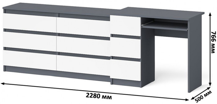 Мори Стол компьютерный МС-6 левый + Комод МК1380.6, цвет графит/белый, ШхГхВ 228х50х76,6 см., выдвижные ящики слева, НЕ универсальная сборка