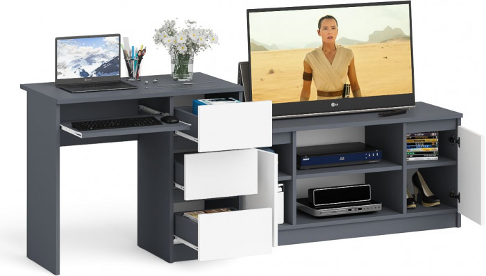 Мори Стол компьютерный МС-6 правый + Тумба МТВ1200.1, цвет графит/белый, ШхГхВ 210,4х50х76,6 см., выдвижные ящики справа, НЕ универсальная сборка