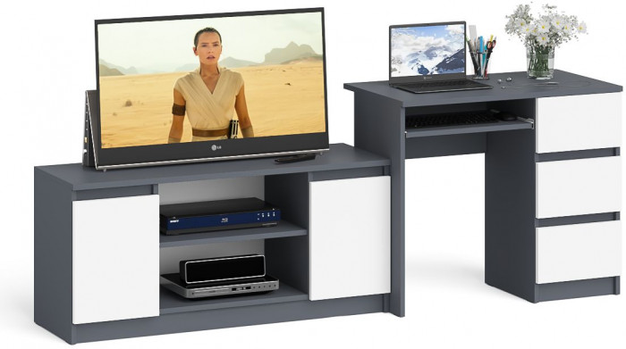 Мори Стол компьютерный МС-6 правый + Тумба МТВ1200.1, цвет графит/белый, ШхГхВ 210,4х50х76,6 см., выдвижные ящики справа, НЕ универсальная сборка