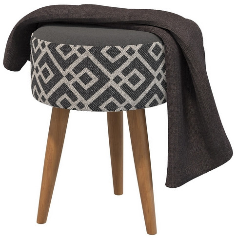 Банкетка 6-5132ТКчёр Юна, цвет ткань чёрная с рисунком, ШхГхВ 33х33х45 см.(круглая банкетка на трёх ножках), цвет ножек: тик