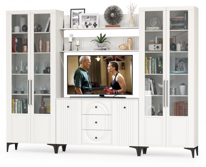 Валенсия Гостиная № 103, цвет ЛДСП белый шагрень/МДФ белый шагрень, ШхГхВ 301,4х38,4х225,2 см., ниша для ТВ 133х38х90 см.