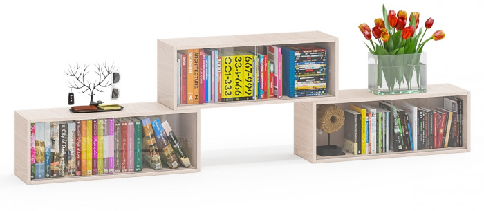 Три полки книжных С-МД-КН01, цвет ясень шимо светлый, размер каждой полки в отдельности: ШхГхВ 83х25х30 см., стеклянные дверцы