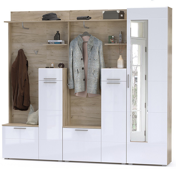 Лайн Прихожая № 03, цвет дуб крафт серый/фасады МДФ белый глянец, ШхГхВ 234,6х35,1х210 см., НЕ универсальная сборка