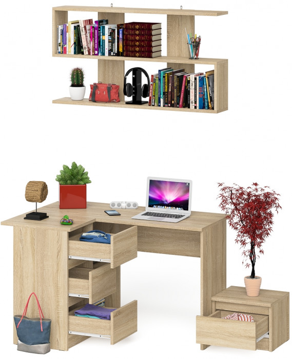 Мори Стол компьютерный МС-16 левый + Тумба ТМП400.1 + Полка 1200, цвет дуб сонома, ШхГхВ 164,8х84,9х209,6 см., НЕ универсальная сборка