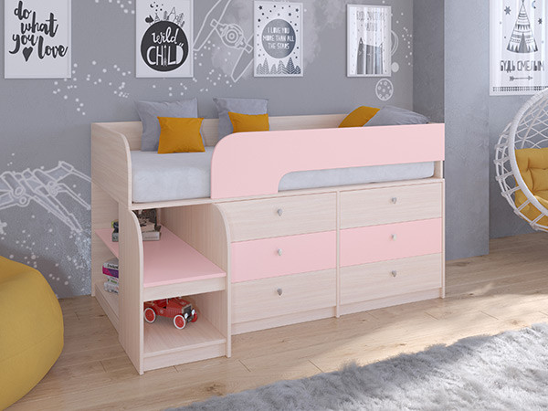 Кровать чердак Астра 9 V3 Дуб молочный/Розовый