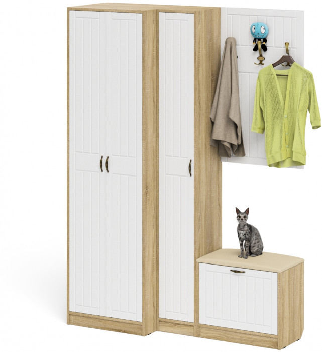 Прихожая П-6 Компоновка № 27, дуб сонома/фасады МДФ белое дерево фрезеровка прованс