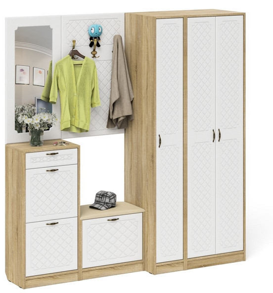 Прихожая П-6 Компоновка № 51, цвет дуб сонома/фасады МДФ белое дерево фрезеровка ромб, ШхГхВ 200х50х210 см., универсальная сборка