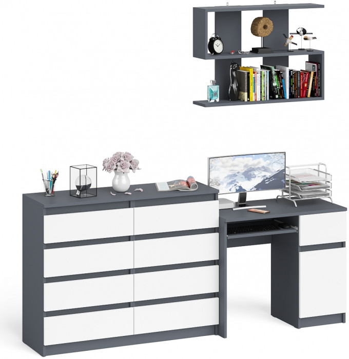 Мори компьютерный стол МС-1 правый + Комод МК1200.8 + Полка 900, графит/белый