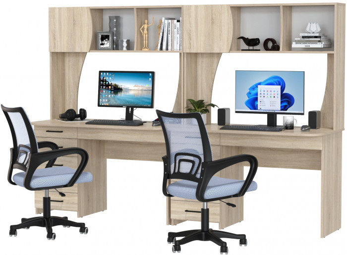 Два стола рабочих 6-0606 Сигма + два кресла 103 серых, цвет дуб сонома, ШхГхВ 241х60,5х166 см., НЕ универсальная сборка