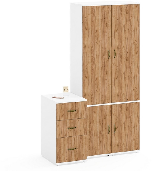 Лидер-8 Пенал МД 21Б + Пенал МД 21Б + Тумба МД 3.16, цвет белый шагрень/крафт золото, ШхГхВ 120х50х190 см., универсальная сборка