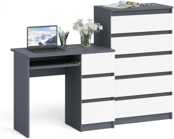 Мори Стол компьютерный МС-6 правый + Комод МК700.5, цвет графит/белый, ШхГхВ 160,4х50х114 см., выдвижные ящики справа, НЕ универсальная сборка