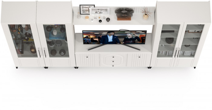 Валенсия Гостиная № 104, цвет ЛДСП белый шагрень/МДФ белый шагрень, ШхГхВ 327,3х38,4х225,2 см., ниша для ТВ 133х38х100 см., универсальная сборка