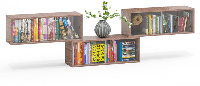 Три полки книжных С-МД-КН01, цвет ясень шимо тёмный, ШхГхВ размер каждой полки в отдельности: 83х25х30 см., стеклянные дверцы