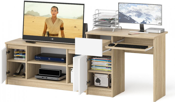 Мори компьютерный стол МС-1 левый + Тумба МТВ1200.1, дуб сонома/белый