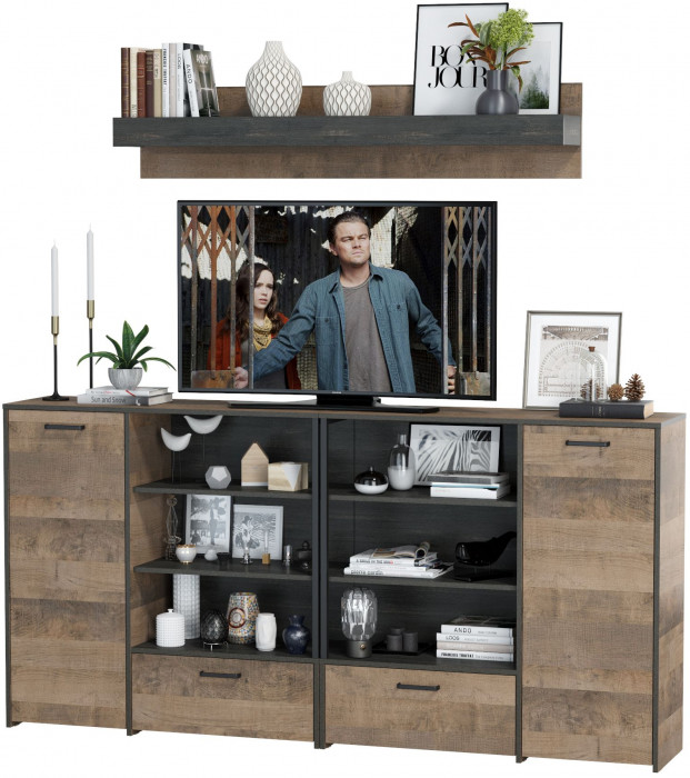 Трувор Гостиная 001, цвет дуб гранж песочный/интра, ШхГхВ 218х36,9х195 см., универсальная сборка