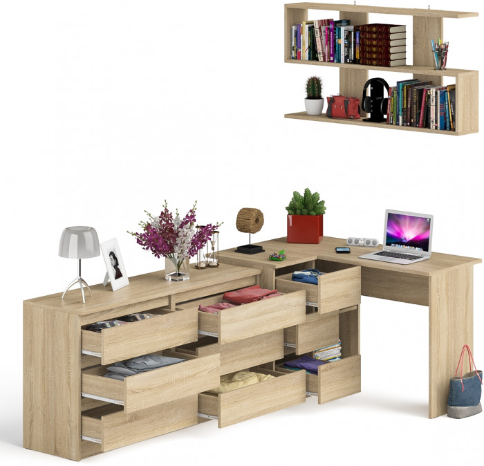 Мори компьютерный стол МС-16 левый + Комод МК1380.6 + Полка 1200, дуб сонома