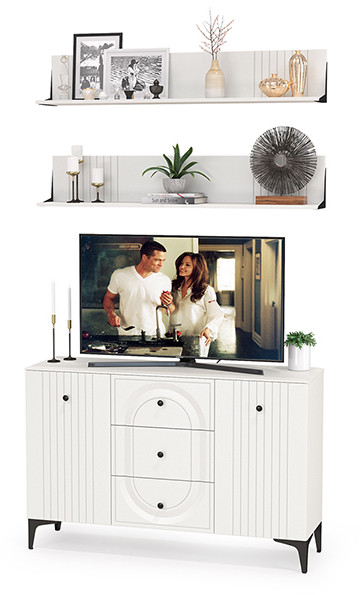 Валенсия Гостиная № 089, цвет ЛДСП белый шагрень/МДФ белый шагрень, ШхГхВ 133,2х38,4х225 см.