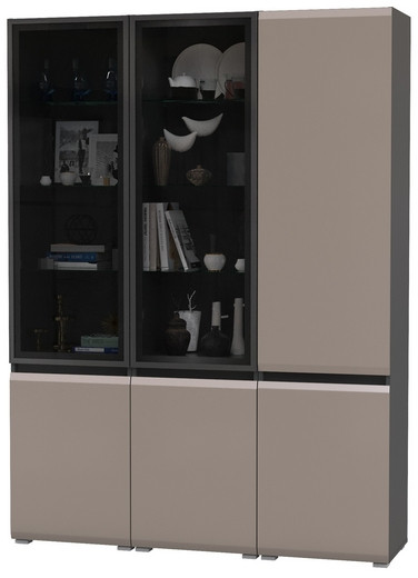 Сидней 13.201 Шкаф-витрина 2 штуки + Шкаф 13.200, цвет корпус: антрацит/фасады: МДФ веллюто капучино/стекло, ШхГхВ 150х41,3х205,2 см., ун. сб