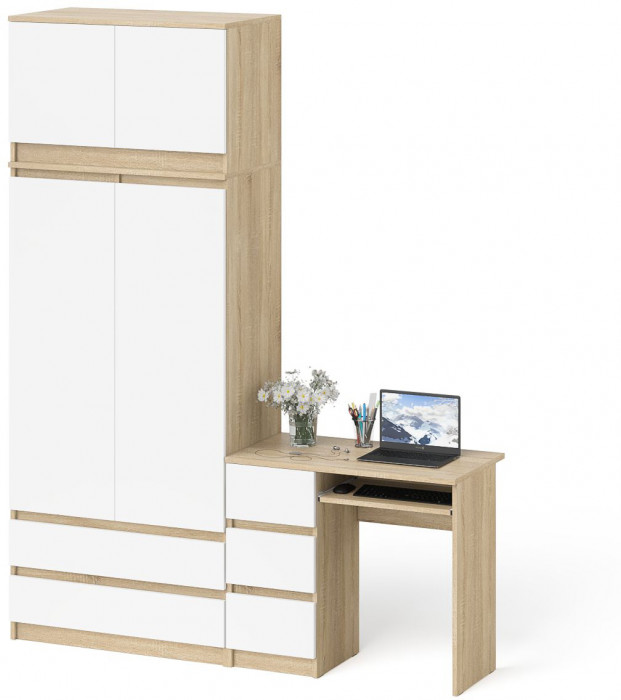 Мори Стол компьютерный МС-6 левый + Шкаф МШ900.1 + Антресоль МА900.1, цвет дуб сонома/белый, ШхГхВ 180,4х50,4х234,2 см., выдвиж. ящ. слева, НЕ ун. сб.