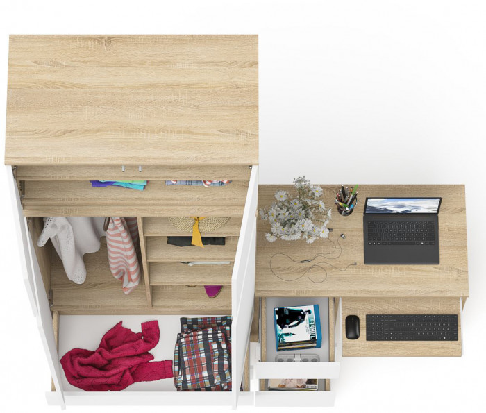 Мори Стол компьютерный МС-6 левый + Шкаф МШ900.1 + Антресоль МА900.1, цвет дуб сонома/белый, ШхГхВ 180,4х50,4х234,2 см., выдвиж. ящ. слева, НЕ ун. сб.